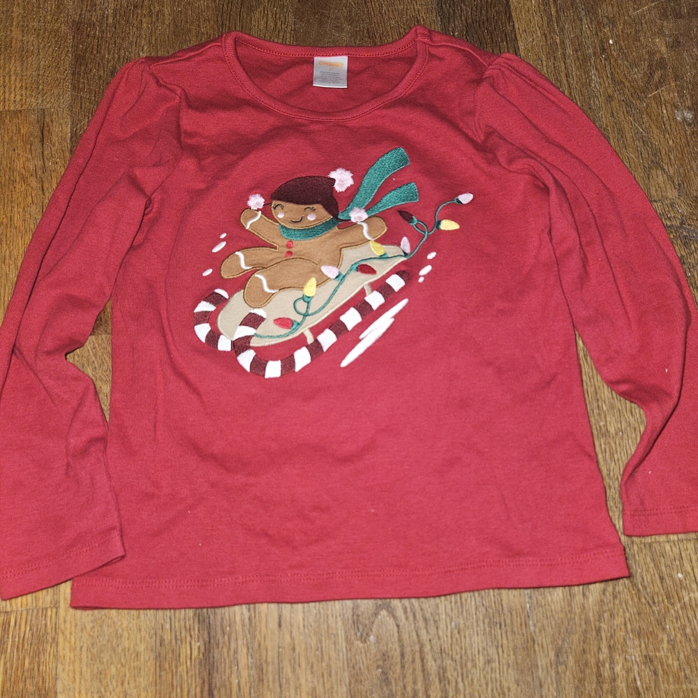 Gymboree Red Long Sleeve Tee with Gingerbread Design, Size 6